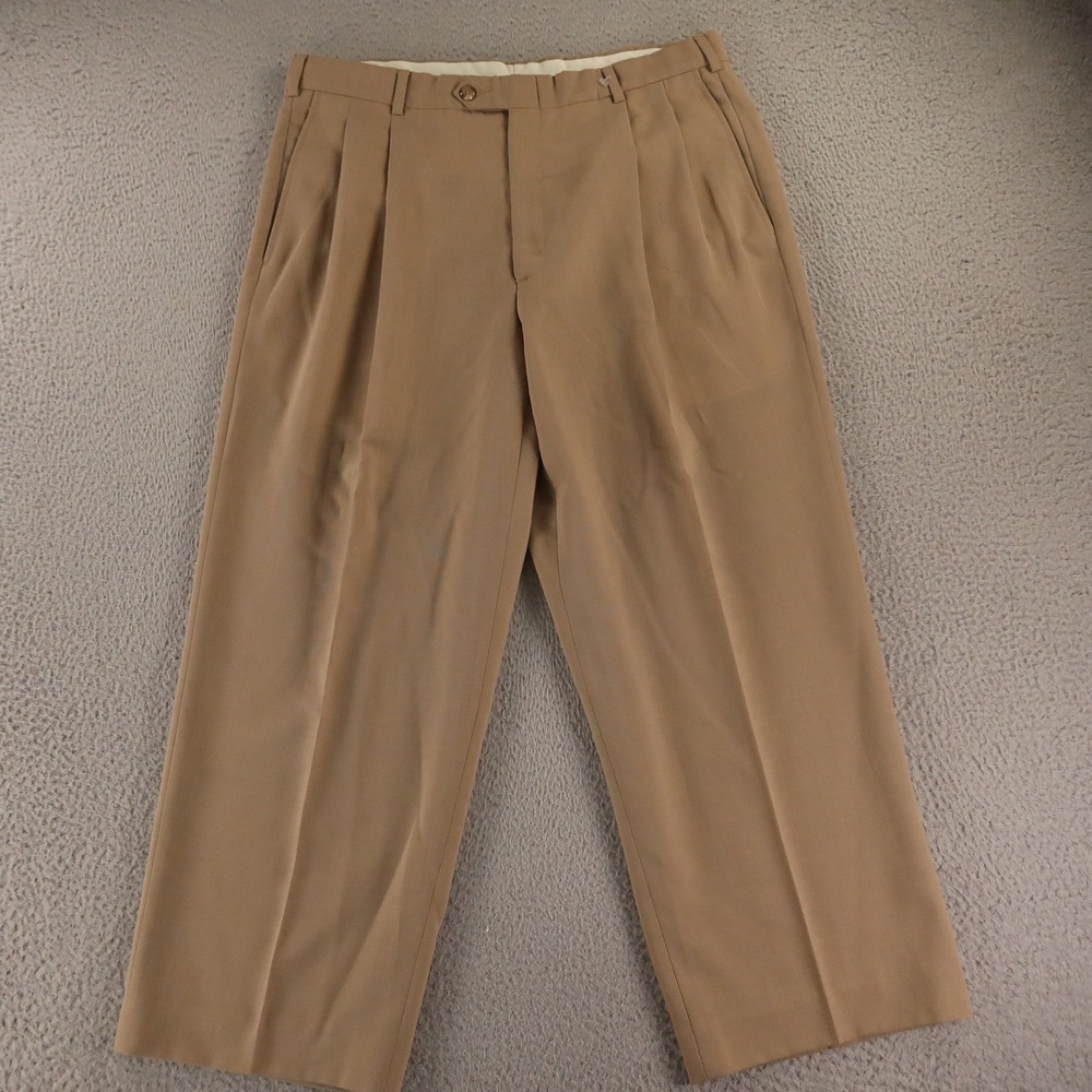 VTG Hopsack‎ Pants Mens 35 Beige Tan Polyester Wool Slacks Breathable 35x26